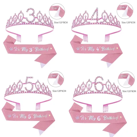 Set Fascia Compleanno Rosa E Tiara Di Strass Per Festa Di 3 A 10 Anni Corona Cerchietto Bambina Regalo Di Compleanno