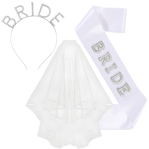 Combinaison d'Accessoires de Luxe Bride To Be Incluant Serre-tête Lettres Strass Voile de Mariée Blanc et Écharpe en Satin Perlé pour Enterrement de Vie de Jeune Fille