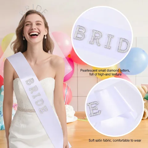 Combinaison d'Accessoires de Luxe Bride To Be Incluant Serre-tête Lettres Strass Voile de Mariée Blanc et Écharpe en Satin Perlé pour Enterrement de Vie de Jeune Fille