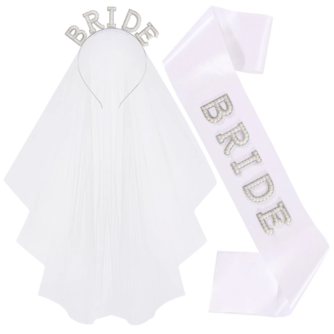 Elegant Bride To Be White Double Layer Veil Headband With Artificial Pearl Rhinestone Bride Letters And Satin Sash For Wedding Bachelorette Party