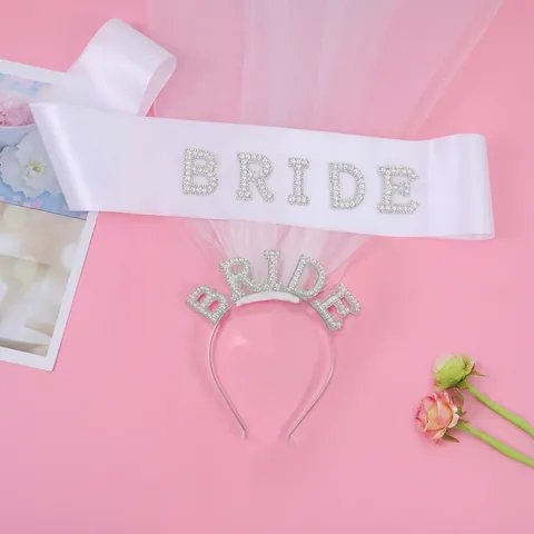 Elegant Bride To Be White Double Layer Veil Headband With Artificial Pearl Rhinestone Bride Letters And Satin Sash For Wedding Bachelorette Party