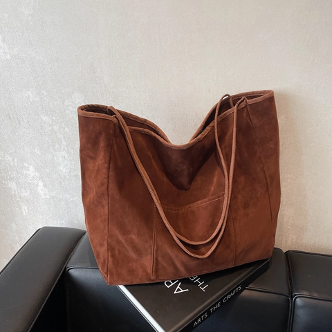 Large Capacity Velvet Tote Bag For Women Casual Simple Solid Color Shoulder Bag With Front Pocket Shopping Travel Bag
