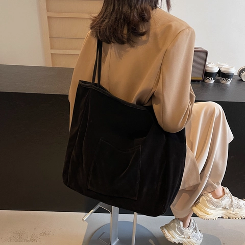 Large Capacity Velvet Tote Bag For Women Casual Simple Solid Color Shoulder Bag With Front Pocket Shopping Travel Bag