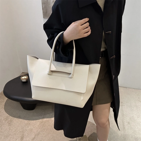 Large Capacity Vintage Minimalist Solid Color Women Commuting Shoulder Handbag Functional Soft PU Leather Tote Bag