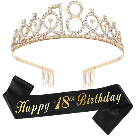 Birthday Tiara And Sash Gold Rhinestone Crown Black Satin Ribbon for Celebration Birthday Party Women Girls Jewelry