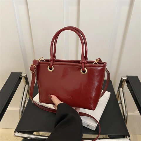 Women Shiny PU Leather Tote Bag Minimalist Retro Shoulder Crossbody Bag With Plush Monster Charm Small Fashion Handbag Purse
