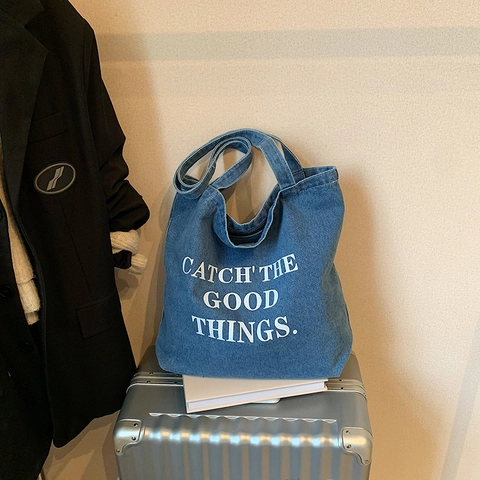 Damen Große Denim Tragetasche Buchstaben-Druck Umhängetasche Casual Alltäglich Reise Hohe Kapazität Handtasche Mit Bärenanhänger