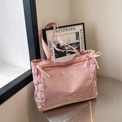 Women Nylon Clear Window Ita Bag Cute Ribbon Bow Decor Large Capacity Shoulder Tote Bag Trendy Minimalist Aesthetic Daily Handbag
