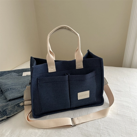 Damen Große Kapazität Segeltuch Tote Bag Casual Retro Mehrlagig Umhängetasche Mit Kontrastgurt Handtasche