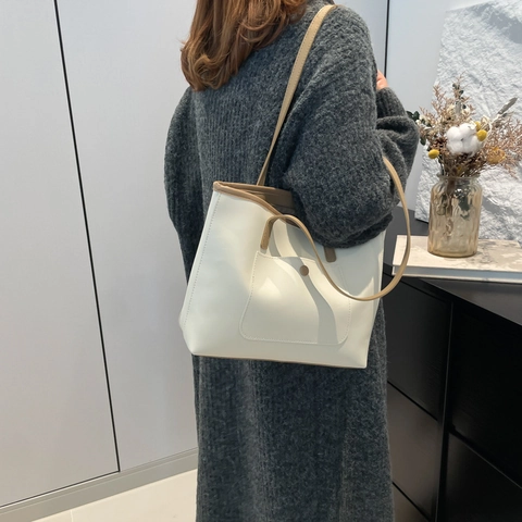 Bolso Tote de Cuero PU de Gran Capacidad para Mujer Bolso de Hombro Minimalista Color Sólido Con Bolsillo Delantero para Oficina