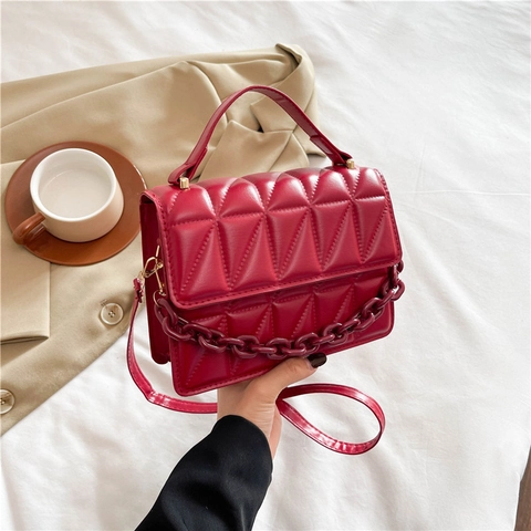 Sac à Épaule Matelassé Femmes Cuir PU Chaîne Petit Sac Carré Vintage Motif Losange Mode Élégant Sac de Navette