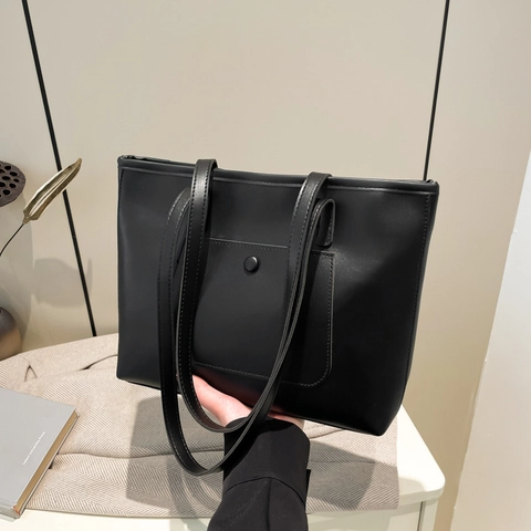 Bolso Tote de Mujer de Gran Capacidad de Cuero PU Bolso de Hombro Simple para Diario Con Bolsillo Delantero Moda Color Sólido