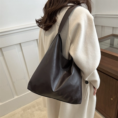 Women Large Capacity PU Leather Shoulder Bag Retro Solid Color Commuting Tote Bag Simple Hobo Handbag For Daily Work
