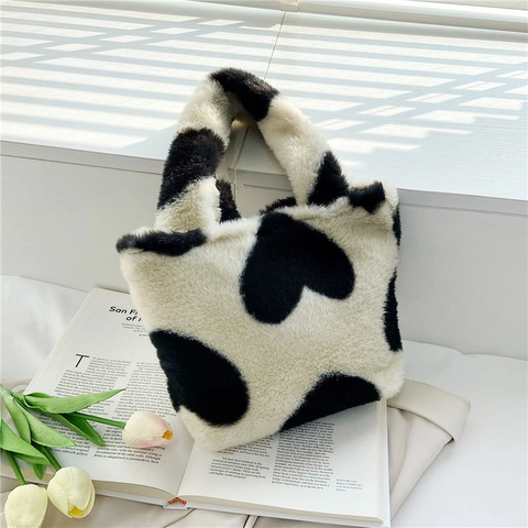 Plush Heart Pattern Tote Bag Women Japanese Cute Fuzzy Handbag Capacity Winter Faux Fur Top Handle Bag Shopping Satchel