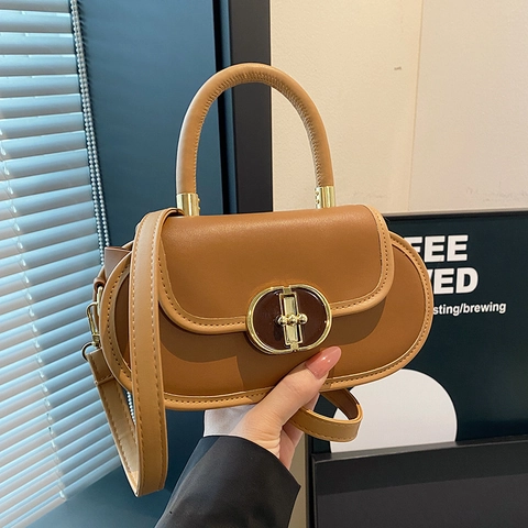 Vintage PU Leather Shoulder Bag For Women Fashion Oval Metal Lock Crossbody Bag Solid Color Handbag Commute Daily Purse
