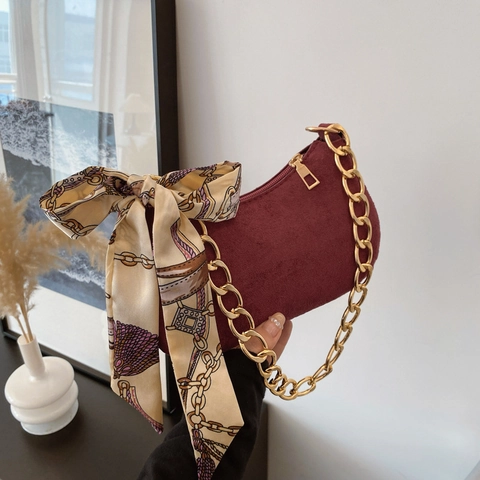 Women Vintage Frosted PU Leather Underarm Bag Fashion Gold Chain Shoulder Bag With Decorative Printed Silk Scarf Elegant Hobo Bag