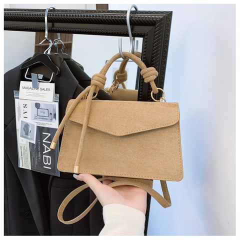 Damen Minimalistisch PU-Leder Wildlederstruktur Umhängetasche Mit Geknotetem Griff Umschlagklappe Quadratische Handtasche
