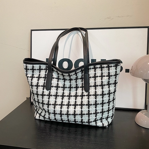 Borsa Tote a Quadretti di Grande Capacità per Donna in Nylon Pelle Sintetica Borsa a Spalla Casual Minimalista Pendolare