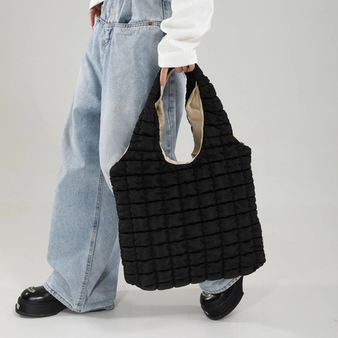 Bolso Tote Acolchado de Gran Capacidad para Mujer de Algodón Relleno Color Sólido Bolso de Hombro Moda Casual Urbano Simple
