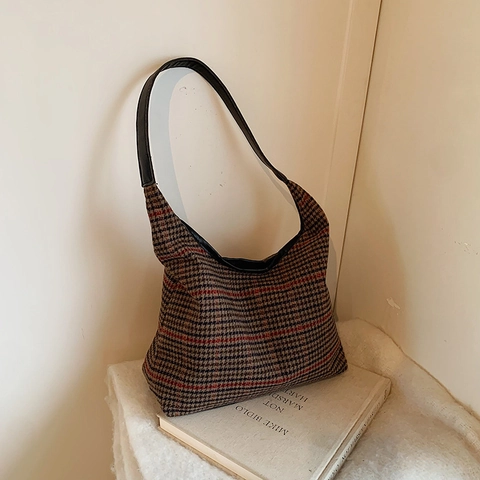 Borsa Tote retrò con motivo a quadri pied de poule per donna Borsa a spalla grande capacità Vintage Borsa a mano invernale
