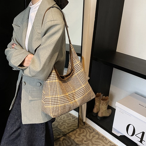 Borsa Tote retrò con motivo a quadri pied de poule per donna Borsa a spalla grande capacità Vintage Borsa a mano invernale