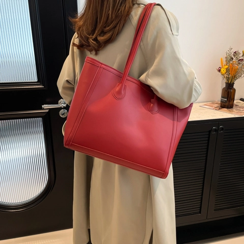 Women Large Capacity PU Leather Tote Bag Commuter Solid Color Shoulder Bag With Zipper Fastening Simple Stylish Handbag