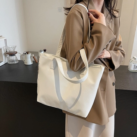 Women Large Capacity PU Leather Tote Bag Fashion Simple Solid Color Shoulder Bag For Daily Commuting Office Work Bag