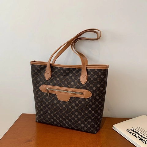 Borsa Tote Stampata da Donna Grande Capacità in Pelle PU Minimalista Urbana Borsa a Tracolla Con Tasca Frontale a Cerniera Casual