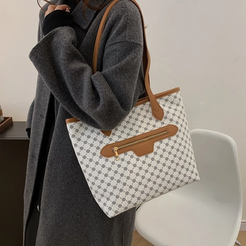 Borsa Tote Stampata da Donna Grande Capacità in Pelle PU Minimalista Urbana Borsa a Tracolla Con Tasca Frontale a Cerniera Casual