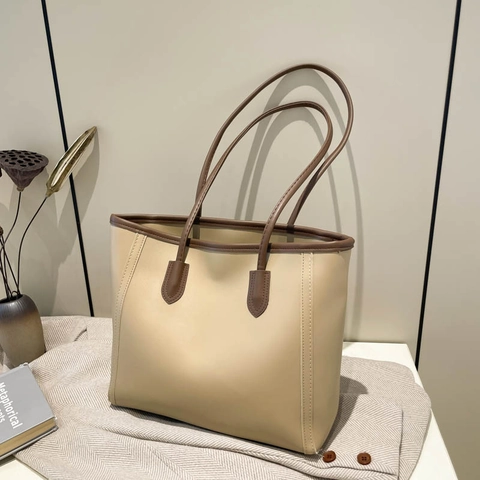 Bolso Tote de Piel PU Vintage Gran Capacidad para Mujer Color Sólido Bolso de Hombro Urbano Estilo Coreano Bolso de Mano Pespunteado