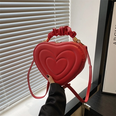 Damen Herzform PU Leder Schultertasche Geraffter Griff Umhängetasche Casual Einfarbig Chic Fashion Tote Bag