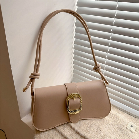 Vintage Women PU Leather Shoulder Bag With Textured Metal Buckle Underarm Bag Fashion Solid Color Casual Handbag Purse Jewelry