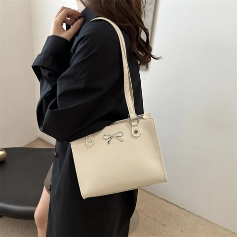 Bolso de Hombro de Cuero PU para Mujer de Moda Retro Minimalista con Lazo Bolso Tote Casual de Color Sólido Grande para Axila