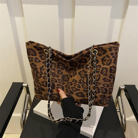 Vintage Leopard Print Large Capacity Tote Bag For Women Winter New Fashion Chain Shoulder Bag Underarm Commuter Bag