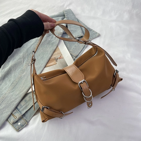 Trendige Baguette-Tasche Im Moto-Stil Aus PU-Leder Für Damen Großes Fassungsvermögen Schultertasche Mit Nähten