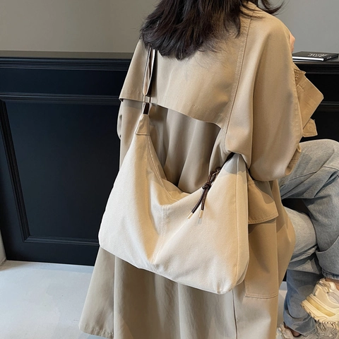 Bolso de Hombro de Nailon de Gran Capacidad para Mujer Vintage Color Sólido Costuras de Contraste Bolso Hobo de Axila Casual