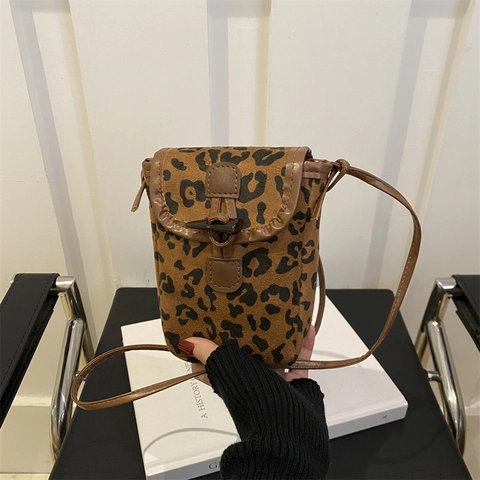 Borsa Porta Cellulare a Tracolla in Nylon con Stampa Leopardata Vintage Donna Piccola Borsa Quadrata con Bottone ad Alamaro