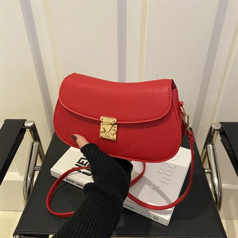 Bolso de Hombro de Cuero PU Minimalista Urbano Para Mujer Bolso Cruzado de Moda Color Sólido Con Cierre Dorado Bolso de Mano