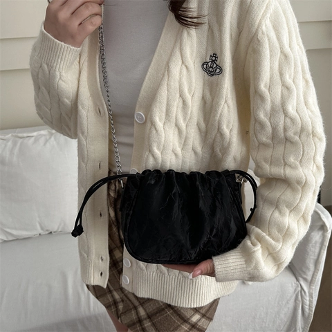 Women Ruched Solid Color Shoulder Bag New Chinese Style PU Leather Drawstring Cloud Bag With Chain Strap Fashion Crossbody Handbag