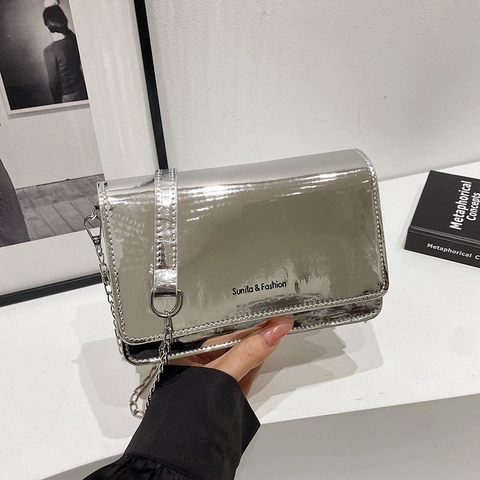 Modische Damen Glänzend Spiegel PU Leder Schultertasche Kette Umhängetasche Kleine Quadratische Tasche Urban Alltagstasche