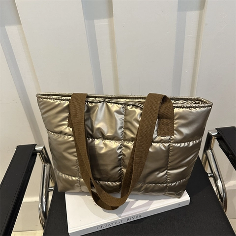 Fashion Women Quilted Puffer Tote Bag Metallic Urban Simple Large Capacity Shoulder Bag Solid Color Winter Casual Tote