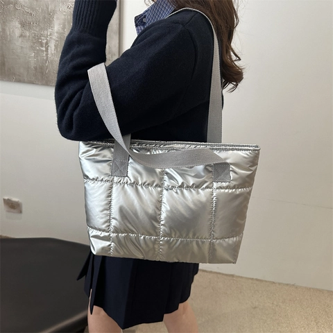 Fashion Women Quilted Puffer Tote Bag Metallic Urban Simple Large Capacity Shoulder Bag Solid Color Winter Casual Tote
