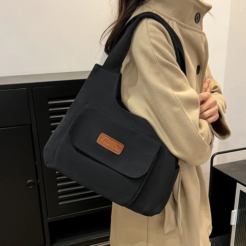 Large Capacity Canvas Tote Bag For Women Casual Urban Simple Shoulder Bag With Leather Label Fashion Commute Student Bag