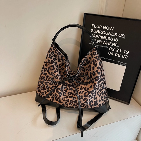 Bolso Tote de Gran Capacidad con Estampado de Leopardo para Mujer Bolso de Hombro de Nailon con Decoración de Lazo Estilo Urbano
