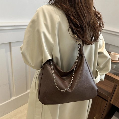 Bolso Tote de Cuero PU para Mujer Gran Capacidad Moda Cadena de Metal Bolso de Hombro Color Sólido Retro Hobo Handbag Messenger