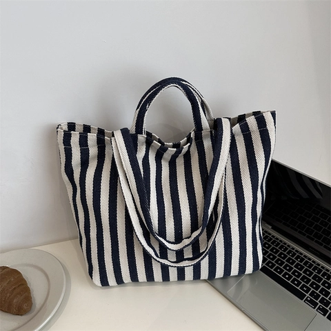 Large Capacity Vertical Striped Nylon Tote Bag For Women Retro Casual Shoulder Bag Handbag With Double Straps Daily Shopping Bag