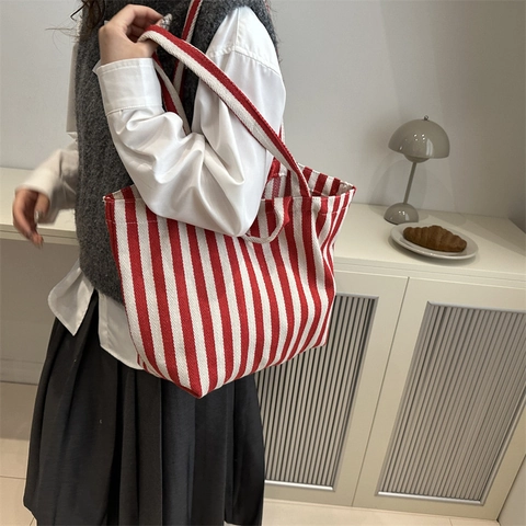 Large Capacity Vertical Striped Nylon Tote Bag For Women Retro Casual Shoulder Bag Handbag With Double Straps Daily Shopping Bag