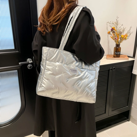 Damen Gesteppte Puffer Tote Bag Große Kapazität Metallic Glänzend Schultertasche Leicht Baumwolle Gesteppte Shopper Bag Tasche