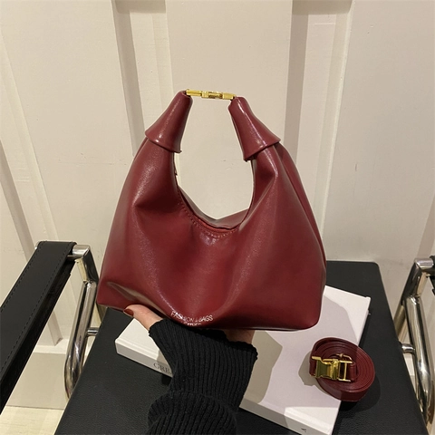 Women Large Capacity PU Leather Hobo Bag Retro Solid Color Shoulder Handbag With Plush Charm Urban Casual Underarm Bag