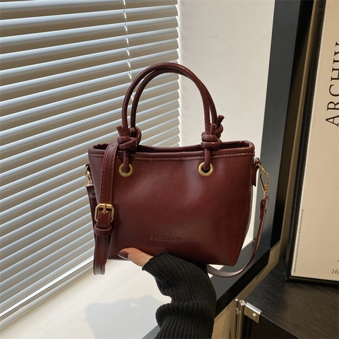Bolso Cubo de Mujer Minimalista Urbano de Cuero PU de Mano Hombro Bandolera con Letras Grabadas y Doble Asa Maletín